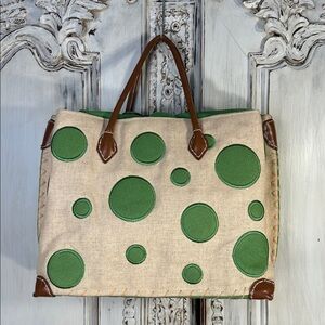 MSC Mainstreet Collection Green Polka Dot Straw Tote Bag